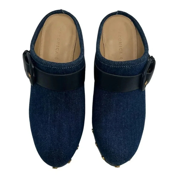 Veronica Beard Dacey Buckle Platform Clogs Eclipse Blue Denim Mules Slip On 6 - Picture 4 of 12